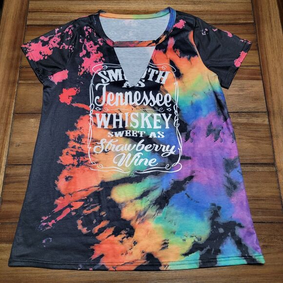 Black/Rainbow Tie-Dye SS V-Neck Tee "Smooth As Tennessee Whiskey.." - Junior XL - Picture 1 of 5